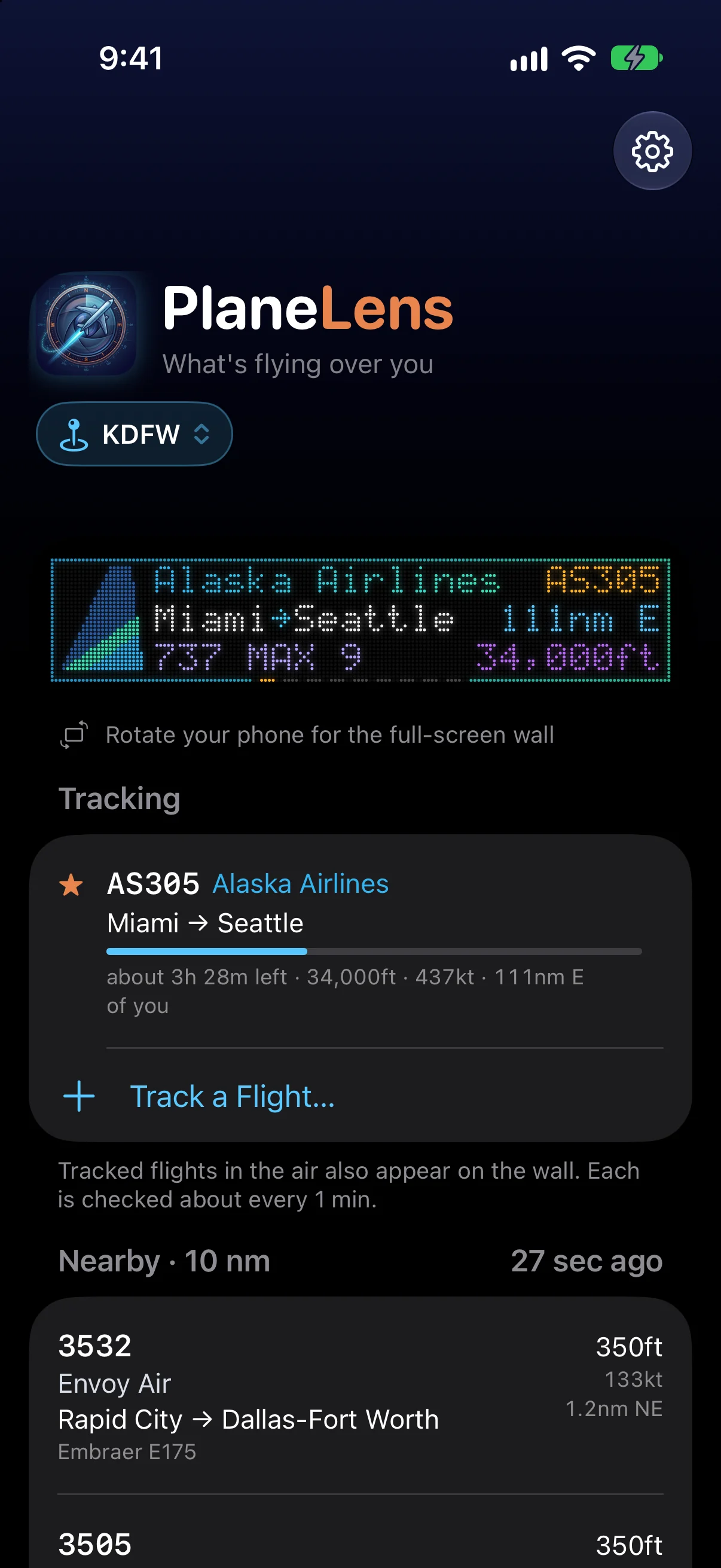 PlaneLens main screen: the flight wall showing Alaska Airlines AS305 from Miami to Seattle at 34,000 ft, a tracked flight with its route progress, and nearby aircraft