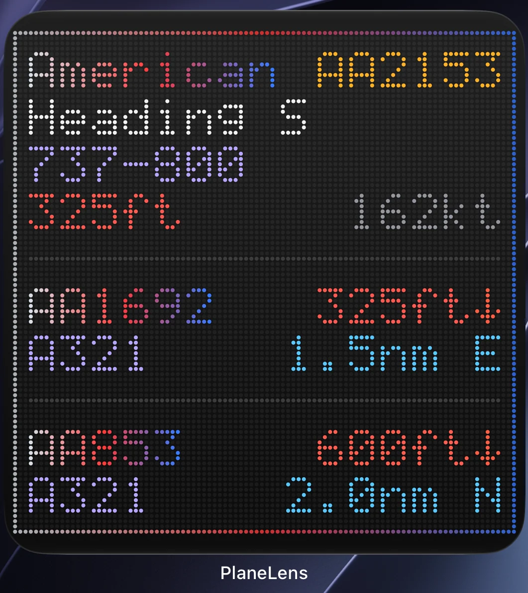 A large PlaneLens widget on the Home Screen: American AA2153 in full, then AA1692 and AA853