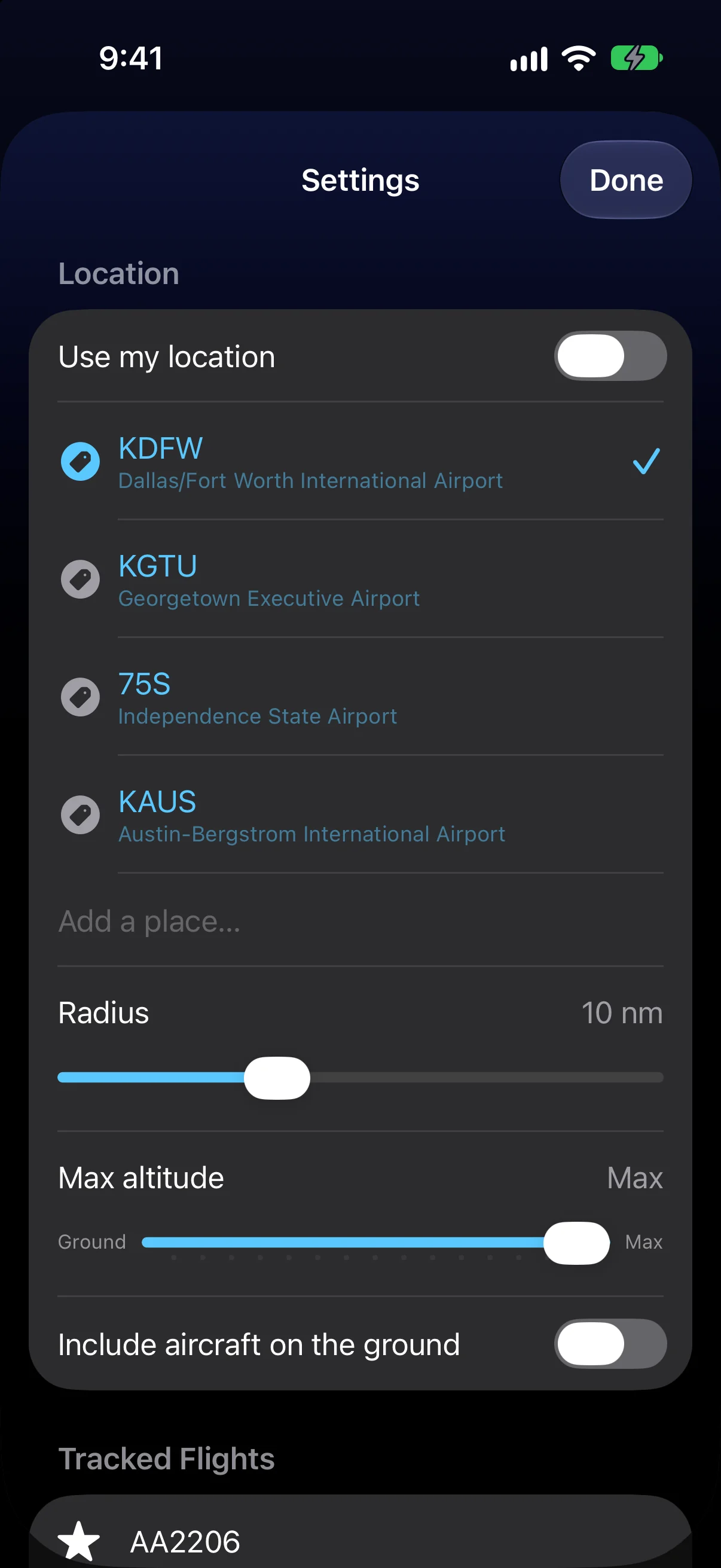 Location settings: saved places KDFW, KGTU, 75S and KAUS, the search radius and the Max altitude slider