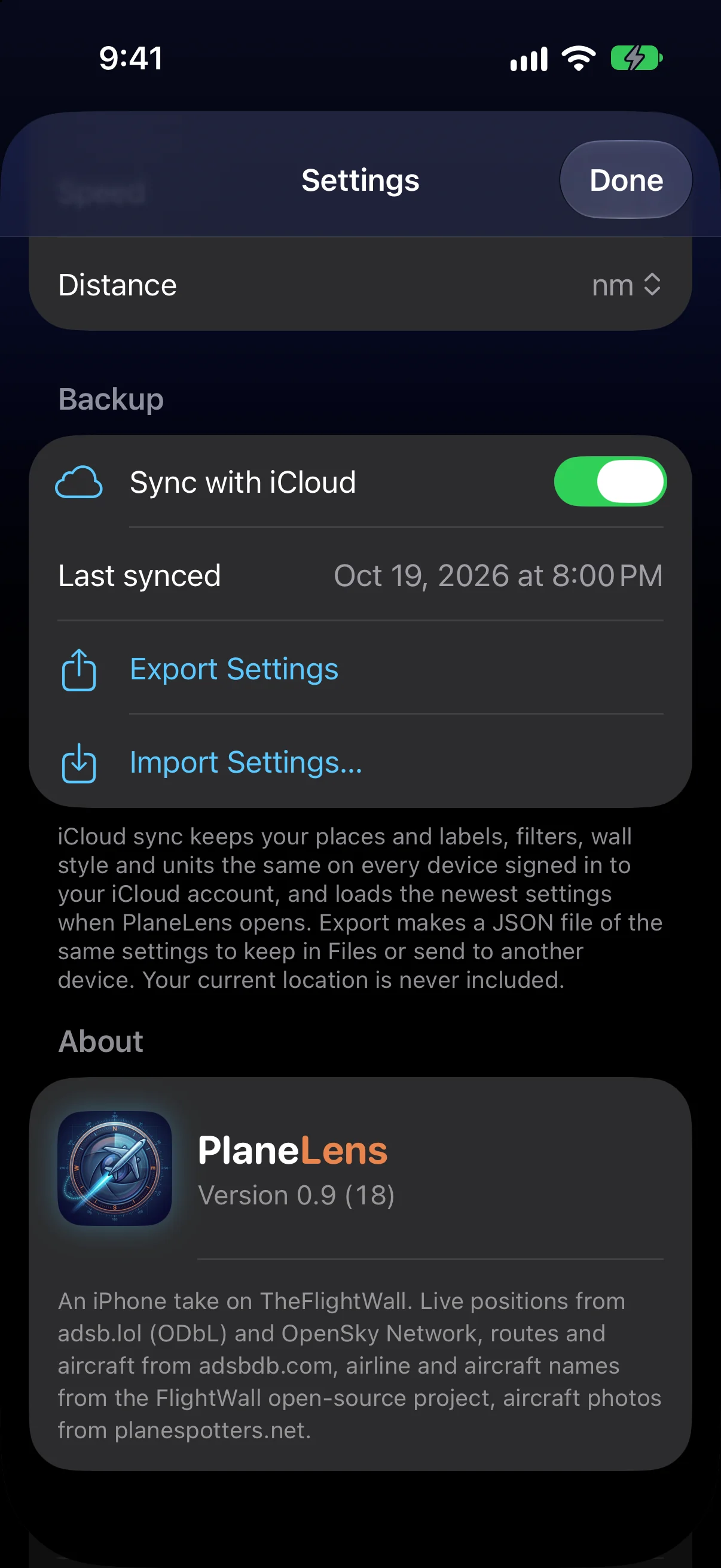 Backup settings: Sync with iCloud on, last synced time, Export Settings and Import Settings
